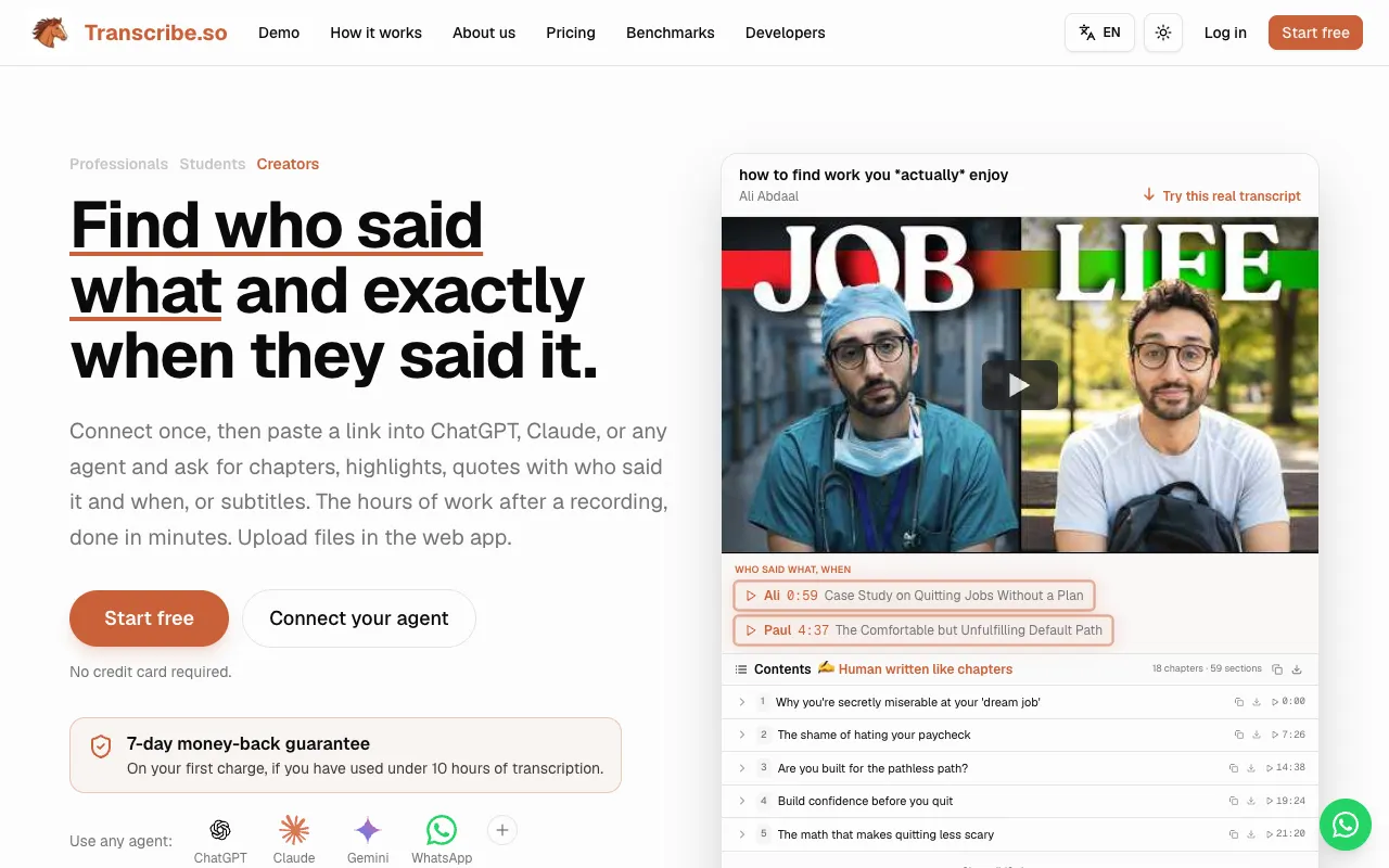 Transcribe.so homepage preview