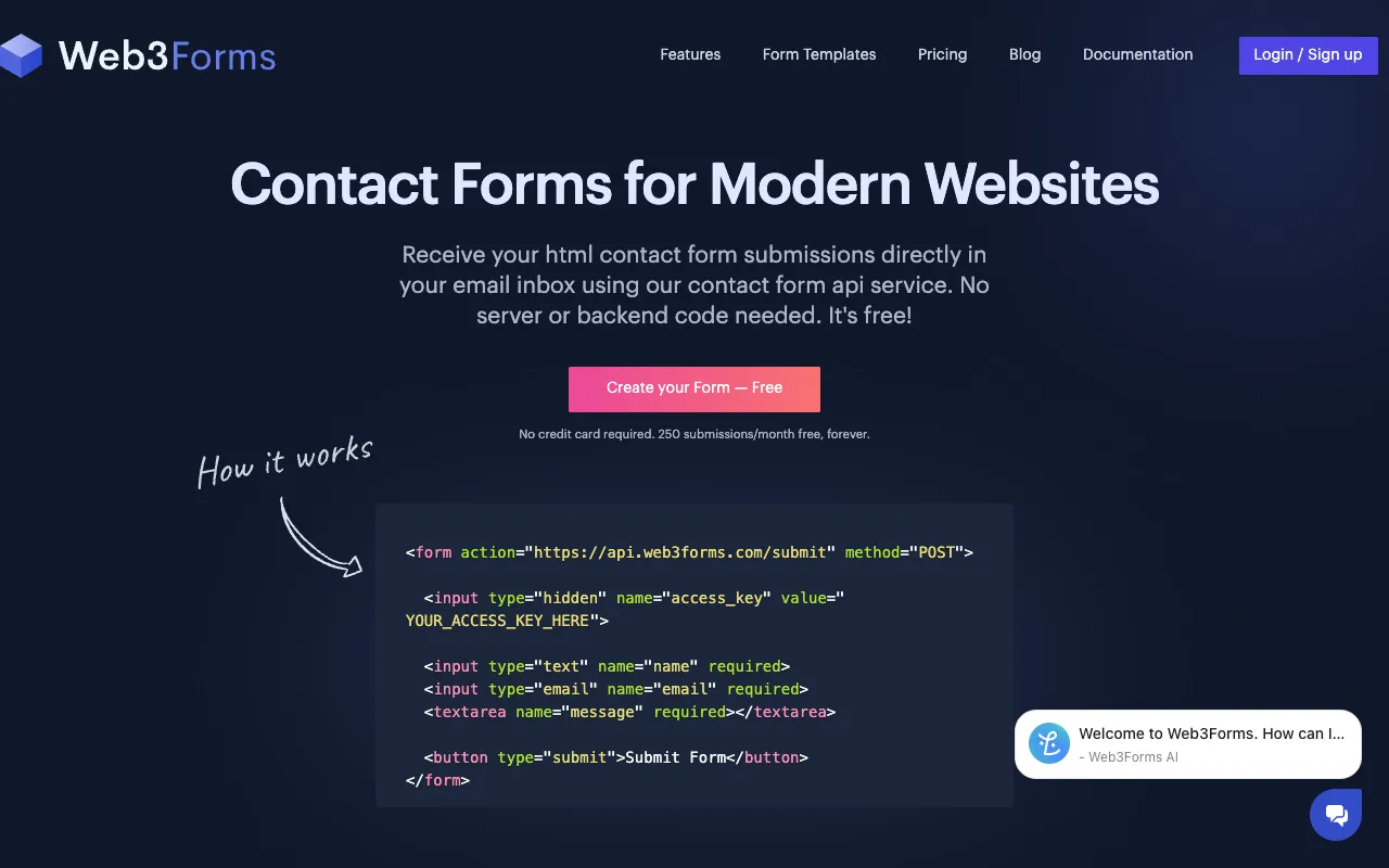Web3Forms homepage preview