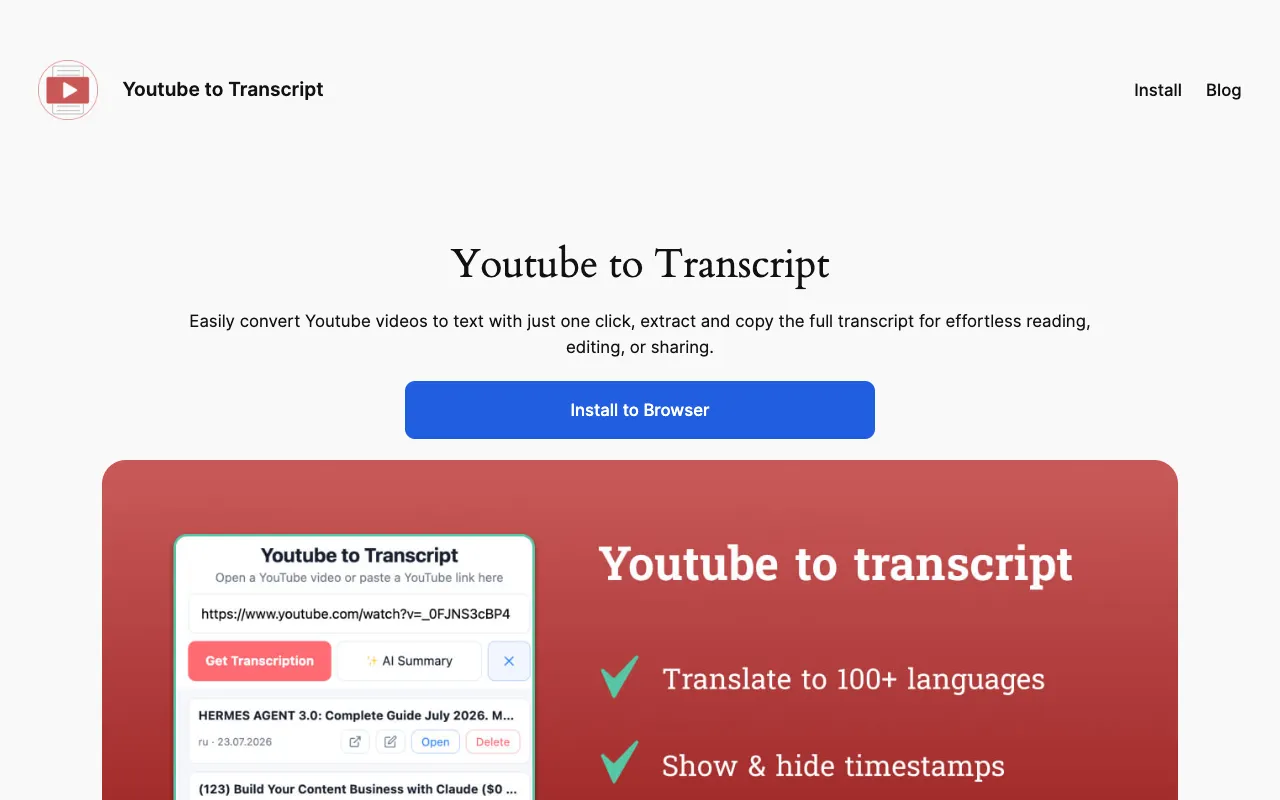 YouTube to Transcript homepage preview